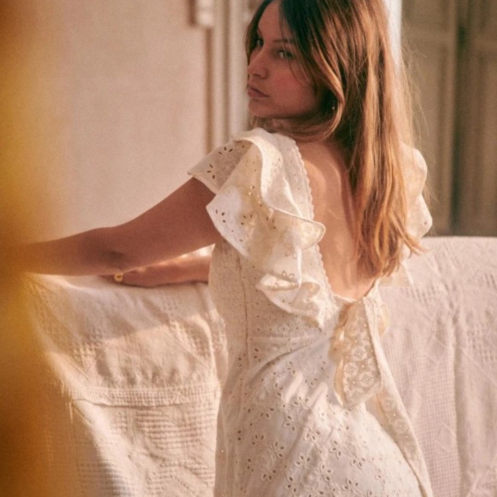 Sezane Vendome Dress- Beautiful Long Ecru Dress in Broderie Anglaise Size 6-NWT